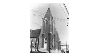 A black and white photo depicts the exterior of St. Joseph's AME Church in Durham.