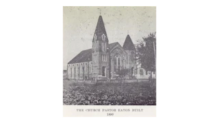 A black and white photo shows White Rock Church in the early 20th century.